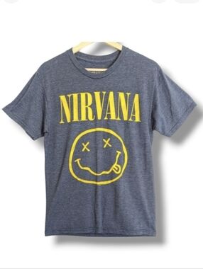 Nirvana‎ Graphic Print Tee Small Blue Smiley Face Music Band T-shirt